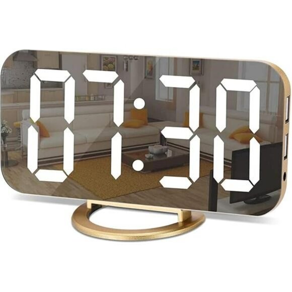 Digital Alarm Clock LED and Mirror Desk Clock Large Display with Dual USB Charge - Picture 6 of 6